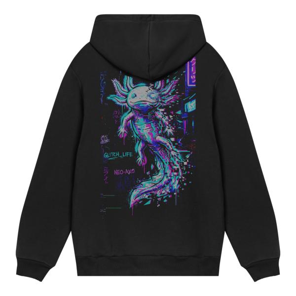 Axolotl Glitch Hoodie Schwarz mitRückenprint Hoodie schwarz